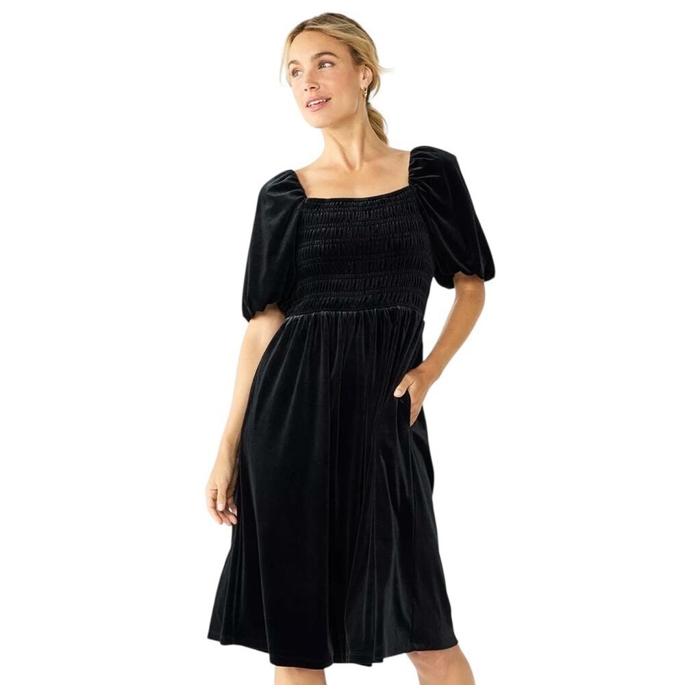 Draper James Dress Size L Black Velvet Smocked Bodice Puff Sleeves Babydoll